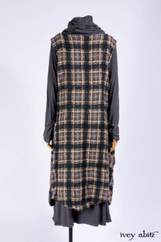 Chittister Frock in Slate and Brownstone Plaid Wool; Elliot Dress in Slate Washed Knit; Lydia Neck Wrap in Slate Washed Knit.