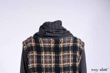 Chittister Frock in Slate and Brownstone Plaid Wool; Elliot Dress in Slate Washed Knit; Lydia Neck Wrap in Slate Washed Knit.