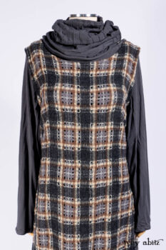 Chittister Frock in Slate and Brownstone Plaid Wool; Elliot Dress in Slate Washed Knit; Lydia Neck Wrap in Slate Washed Knit.