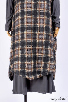 Chittister Frock in Slate and Brownstone Plaid Wool; Elliot Dress in Slate Washed Knit; Lydia Neck Wrap in Slate Washed Knit.