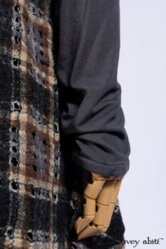 Chittister Frock in Slate and Brownstone Plaid Wool; Elliot Dress in Slate Washed Knit; Lydia Neck Wrap in Slate Washed Knit.