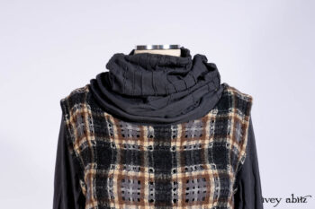 Chittister Frock in Slate and Brownstone Plaid Wool; Elliot Dress in Slate Washed Knit; Lydia Neck Wrap in Slate Washed Knit.