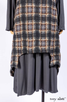 Chittister Frock in Slate and Brownstone Plaid Wool; Elliot Dress in Slate Washed Knit; Lydia Neck Wrap in Slate Washed Knit.