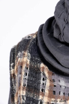 Chittister Frock in Slate and Brownstone Plaid Wool; Elliot Dress in Slate Washed Knit; Lydia Neck Wrap in Slate Washed Knit.