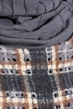 Chittister Frock in Slate and Brownstone Plaid Wool; Elliot Dress in Slate Washed Knit; Lydia Neck Wrap in Slate Washed Knit.