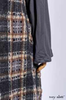 Chittister Frock in Slate and Brownstone Plaid Wool; Elliot Dress in Slate Washed Knit; Lydia Neck Wrap in Slate Washed Knit.