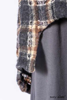 Chittister Frock in Slate and Brownstone Plaid Wool; Elliot Dress in Slate Washed Knit; Lydia Neck Wrap in Slate Washed Knit.