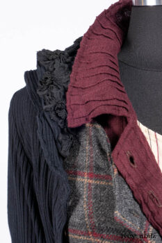 Limited Edition Coulson Cardigan in Signature Black Ribbed Knit; Ellis Frock in Brooklyn Slate Windowpane Wool; Ellis Shirt in Apple Washed Crinkled Weave; Libert&eacute; Frock in Uptown Washed Stripe Voile; Cilla Slip Frock in Slate Washed Knit.