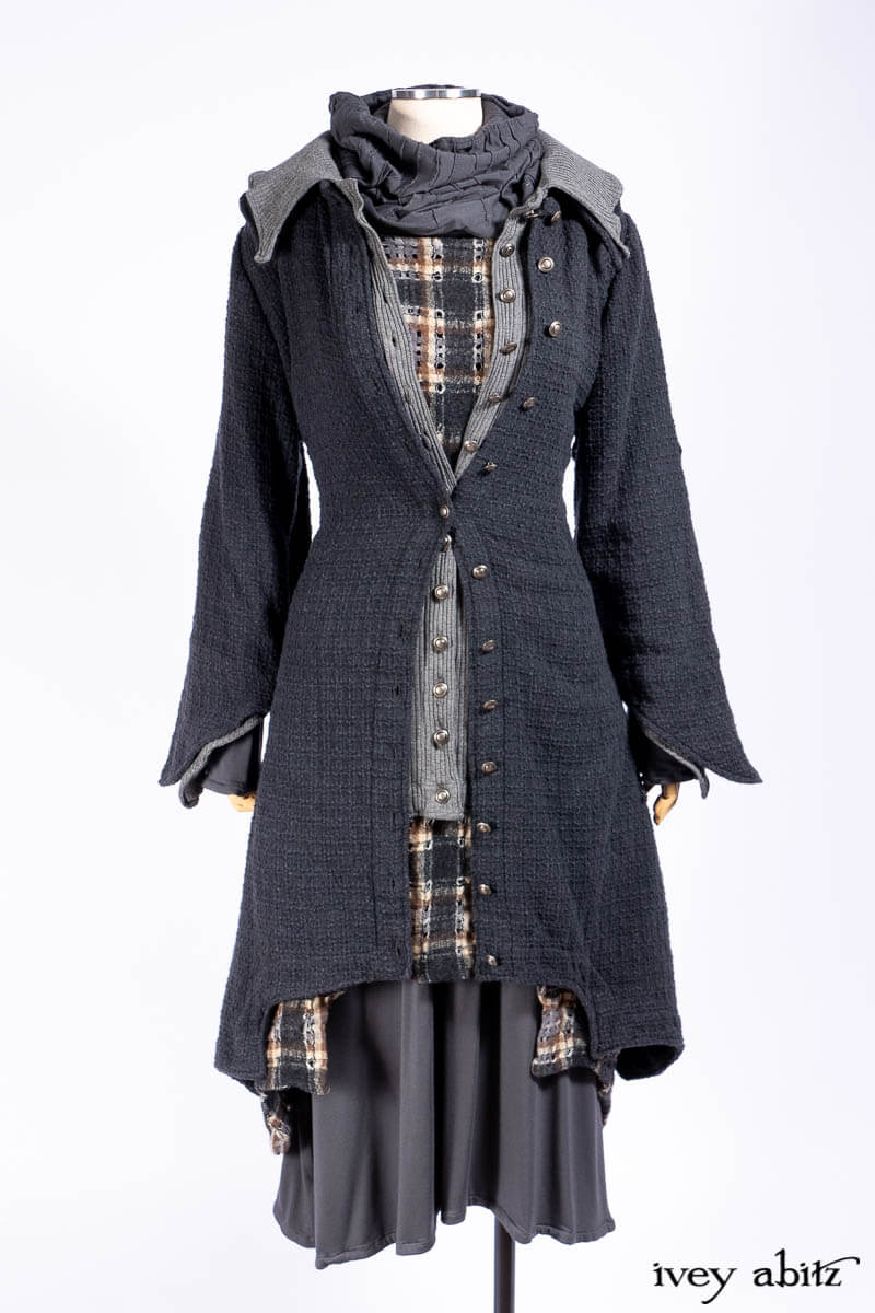 Chittister Duster Coat in Slate Embroidered Windowpane Weave; Chittister Shirt Jacket in Slate Ribbed Knit; Lydia Neck Wrap in Slate Washed Knit; Chittister Frock in Slate and Brownstone Plaid Wool; Elliot Dress in Slate Washed Knit.