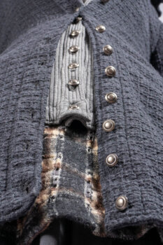 Chittister Duster Coat in Slate Embroidered Windowpane Weave; Chittister Shirt Jacket in Slate Ribbed Knit; Lydia Neck Wrap in Slate Washed Knit; Chittister Frock in Slate and Brownstone Plaid Wool; Elliot Dress in Slate Washed Knit.