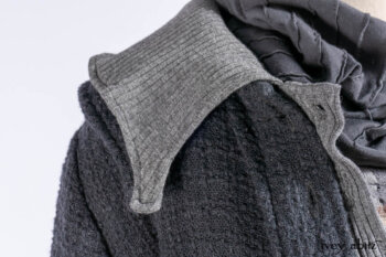 Chittister Duster Coat in Slate Embroidered Windowpane Weave; Chittister Shirt Jacket in Slate Ribbed Knit; Lydia Neck Wrap in Slate Washed Knit; Chittister Frock in Slate and Brownstone Plaid Wool; Elliot Dress in Slate Washed Knit.