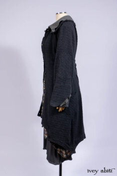 Chittister Duster Coat in Slate Embroidered Windowpane Weave; Chittister Shirt Jacket in Slate Ribbed Knit; Lydia Neck Wrap in Slate Washed Knit; Chittister Frock in Slate and Brownstone Plaid Wool; Elliot Dress in Slate Washed Knit.