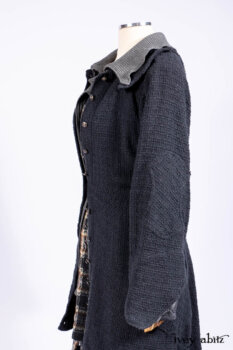 Chittister Duster Coat in Slate Embroidered Windowpane Weave; Chittister Shirt Jacket in Slate Ribbed Knit; Lydia Neck Wrap in Slate Washed Knit; Chittister Frock in Slate and Brownstone Plaid Wool; Elliot Dress in Slate Washed Knit.