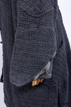 Chittister Duster Coat in Slate Embroidered Windowpane Weave; Chittister Shirt Jacket in Slate Ribbed Knit; Lydia Neck Wrap in Slate Washed Knit; Chittister Frock in Slate and Brownstone Plaid Wool; Elliot Dress in Slate Washed Knit.