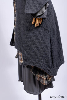 Chittister Duster Coat in Slate Embroidered Windowpane Weave; Chittister Shirt Jacket in Slate Ribbed Knit; Lydia Neck Wrap in Slate Washed Knit; Chittister Frock in Slate and Brownstone Plaid Wool; Elliot Dress in Slate Washed Knit.