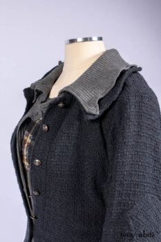 Chittister Duster Coat in Slate Embroidered Windowpane Weave; Chittister Shirt Jacket in Slate Ribbed Knit; Lydia Neck Wrap in Slate Washed Knit; Chittister Frock in Slate and Brownstone Plaid Wool; Elliot Dress in Slate Washed Knit.