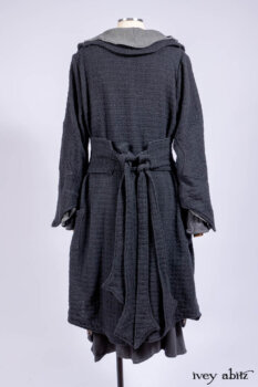 Chittister Duster Coat in Slate Embroidered Windowpane Weave; Chittister Shirt Jacket in Slate Ribbed Knit; Lydia Neck Wrap in Slate Washed Knit; Chittister Frock in Slate and Brownstone Plaid Wool; Elliot Dress in Slate Washed Knit.
