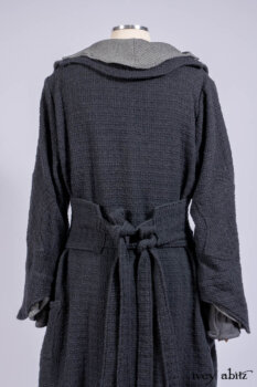 Chittister Duster Coat in Slate Embroidered Windowpane Weave; Chittister Shirt Jacket in Slate Ribbed Knit; Lydia Neck Wrap in Slate Washed Knit; Chittister Frock in Slate and Brownstone Plaid Wool; Elliot Dress in Slate Washed Knit.