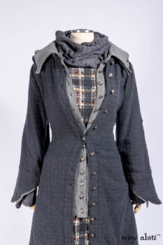 Chittister Duster Coat in Slate Embroidered Windowpane Weave; Chittister Shirt Jacket in Slate Ribbed Knit; Lydia Neck Wrap in Slate Washed Knit; Chittister Frock in Slate and Brownstone Plaid Wool; Elliot Dress in Slate Washed Knit.