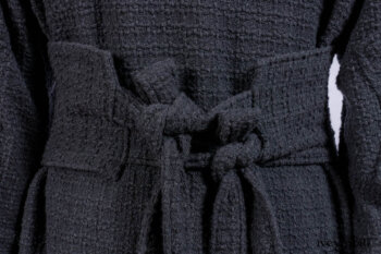 Chittister Duster Coat in Slate Embroidered Windowpane Weave; Chittister Shirt Jacket in Slate Ribbed Knit; Lydia Neck Wrap in Slate Washed Knit; Chittister Frock in Slate and Brownstone Plaid Wool; Elliot Dress in Slate Washed Knit.