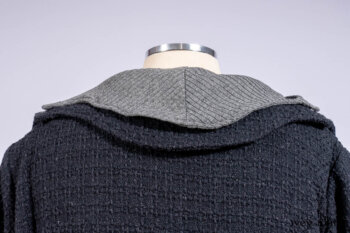 Chittister Duster Coat in Slate Embroidered Windowpane Weave; Chittister Shirt Jacket in Slate Ribbed Knit; Lydia Neck Wrap in Slate Washed Knit; Chittister Frock in Slate and Brownstone Plaid Wool; Elliot Dress in Slate Washed Knit.