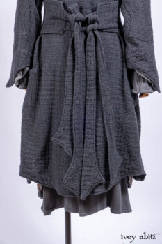Chittister Duster Coat in Slate Embroidered Windowpane Weave; Chittister Shirt Jacket in Slate Ribbed Knit; Lydia Neck Wrap in Slate Washed Knit; Chittister Frock in Slate and Brownstone Plaid Wool; Elliot Dress in Slate Washed Knit.