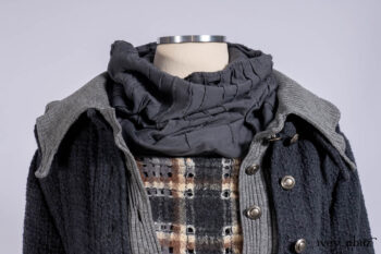 Chittister Duster Coat in Slate Embroidered Windowpane Weave; Chittister Shirt Jacket in Slate Ribbed Knit; Lydia Neck Wrap in Slate Washed Knit; Chittister Frock in Slate and Brownstone Plaid Wool; Elliot Dress in Slate Washed Knit.