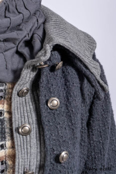 Chittister Duster Coat in Slate Embroidered Windowpane Weave; Chittister Shirt Jacket in Slate Ribbed Knit; Lydia Neck Wrap in Slate Washed Knit; Chittister Frock in Slate and Brownstone Plaid Wool; Elliot Dress in Slate Washed Knit.