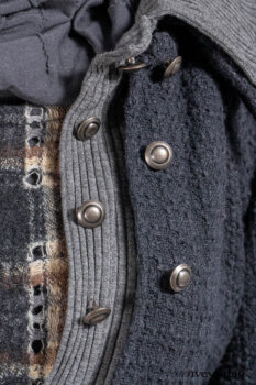 Chittister Duster Coat in Slate Embroidered Windowpane Weave; Chittister Shirt Jacket in Slate Ribbed Knit; Lydia Neck Wrap in Slate Washed Knit; Chittister Frock in Slate and Brownstone Plaid Wool; Elliot Dress in Slate Washed Knit.