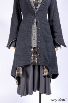 Chittister Duster Coat in Slate Embroidered Windowpane Weave; Chittister Shirt Jacket in Slate Ribbed Knit; Lydia Neck Wrap in Slate Washed Knit; Chittister Frock in Slate and Brownstone Plaid Wool; Elliot Dress in Slate Washed Knit.