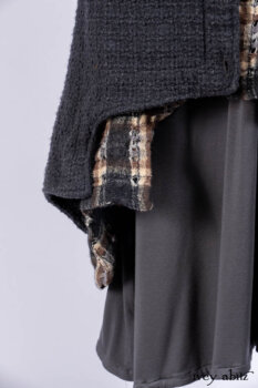 Chittister Duster Coat in Slate Embroidered Windowpane Weave; Chittister Shirt Jacket in Slate Ribbed Knit; Lydia Neck Wrap in Slate Washed Knit; Chittister Frock in Slate and Brownstone Plaid Wool; Elliot Dress in Slate Washed Knit.