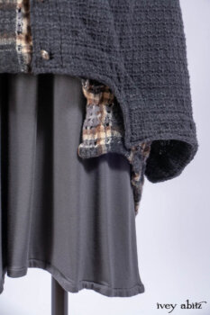 Chittister Duster Coat in Slate Embroidered Windowpane Weave; Chittister Shirt Jacket in Slate Ribbed Knit; Lydia Neck Wrap in Slate Washed Knit; Chittister Frock in Slate and Brownstone Plaid Wool; Elliot Dress in Slate Washed Knit.
