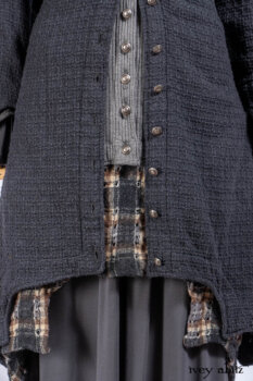 Chittister Duster Coat in Slate Embroidered Windowpane Weave; Chittister Shirt Jacket in Slate Ribbed Knit; Lydia Neck Wrap in Slate Washed Knit; Chittister Frock in Slate and Brownstone Plaid Wool; Elliot Dress in Slate Washed Knit.