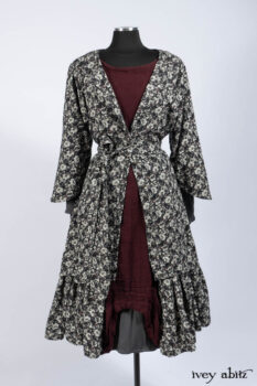 Blanchefleur Duster Coat in Mansard Roof Floral Jacquard; Scattergood Frock in Apple Washed Linen; Elliot Dress in Slate Washed Linen.
