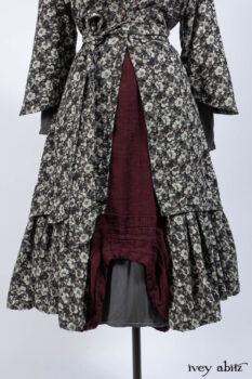 Blanchefleur Duster Coat in Mansard Roof Floral Jacquard; Scattergood Frock in Apple Washed Linen; Elliot Dress in Slate Washed Linen.