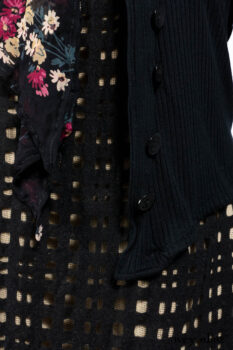 Limited Edition Coulson Cardigan in Signature Black Ribbed Knit; Clotaire Sash in Riverside Floral Silk Chiffon; Bedloe Frock in Mansard Roof Open Woolen Weave; Everett Frock in Uptown Washed Weave.
