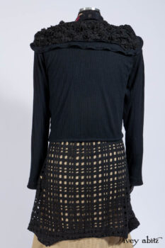 Limited Edition Coulson Cardigan in Signature Black Ribbed Knit; Clotaire Sash in Riverside Floral Silk Chiffon; Bedloe Frock in Mansard Roof Open Woolen Weave; Everett Frock in Uptown Washed Weave.