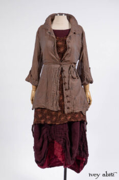 Ellis Shirt in Rooftop Sunset Washed Voile; Wrennie Frock in Brick Floral Silk Chiffon; Scattergood Frock in Apple Washed Crinkled Weave, high water length; Scattergood Frock in Apple Washed Linen, low water length.