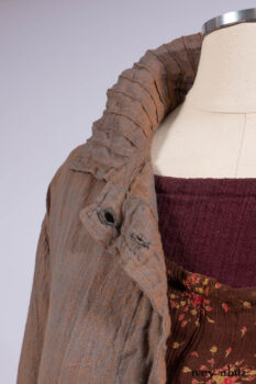 Ellis Shirt in Rooftop Sunset Washed Voile; Wrennie Frock in Brick Floral Silk Chiffon; Scattergood Frock in Apple Washed Crinkled Weave, high water length; Scattergood Frock in Apple Washed Linen, low water length.