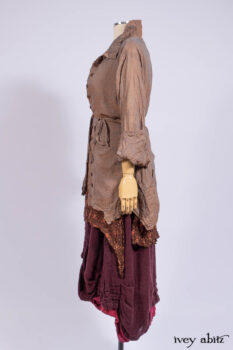 Ellis Shirt in Rooftop Sunset Washed Voile; Wrennie Frock in Brick Floral Silk Chiffon; Scattergood Frock in Apple Washed Crinkled Weave, high water length; Scattergood Frock in Apple Washed Linen, low water length.