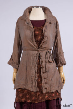 Ellis Shirt in Rooftop Sunset Washed Voile; Wrennie Frock in Brick Floral Silk Chiffon; Scattergood Frock in Apple Washed Crinkled Weave, high water length; Scattergood Frock in Apple Washed Linen, low water length.