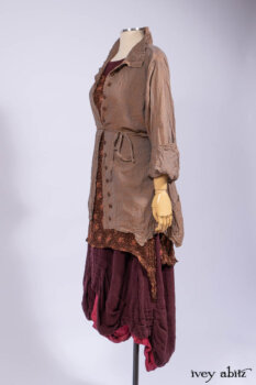 Ellis Shirt in Rooftop Sunset Washed Voile; Wrennie Frock in Brick Floral Silk Chiffon; Scattergood Frock in Apple Washed Crinkled Weave, high water length; Scattergood Frock in Apple Washed Linen, low water length.