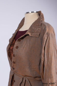 Ellis Shirt in Rooftop Sunset Washed Voile; Wrennie Frock in Brick Floral Silk Chiffon; Scattergood Frock in Apple Washed Crinkled Weave, high water length; Scattergood Frock in Apple Washed Linen, low water length.