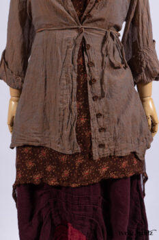 Ellis Shirt in Rooftop Sunset Washed Voile; Wrennie Frock in Brick Floral Silk Chiffon; Scattergood Frock in Apple Washed Crinkled Weave, high water length; Scattergood Frock in Apple Washed Linen, low water length.