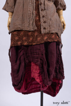 Ellis Shirt in Rooftop Sunset Washed Voile; Wrennie Frock in Brick Floral Silk Chiffon; Scattergood Frock in Apple Washed Crinkled Weave, high water length; Scattergood Frock in Apple Washed Linen, low water length.