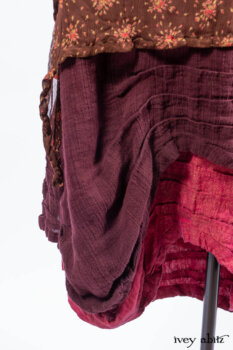 Ellis Shirt in Rooftop Sunset Washed Voile; Wrennie Frock in Brick Floral Silk Chiffon; Scattergood Frock in Apple Washed Crinkled Weave, high water length; Scattergood Frock in Apple Washed Linen, low water length.