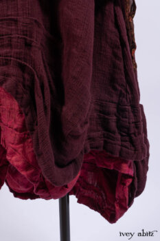 Ellis Shirt in Rooftop Sunset Washed Voile; Wrennie Frock in Brick Floral Silk Chiffon; Scattergood Frock in Apple Washed Crinkled Weave, high water length; Scattergood Frock in Apple Washed Linen, low water length.
