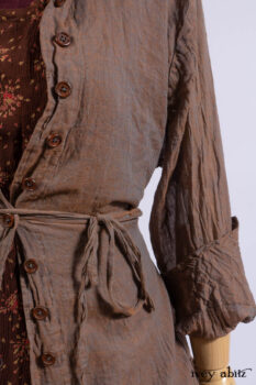 Ellis Shirt in Rooftop Sunset Washed Voile; Wrennie Frock in Brick Floral Silk Chiffon; Scattergood Frock in Apple Washed Crinkled Weave, high water length; Scattergood Frock in Apple Washed Linen, low water length.