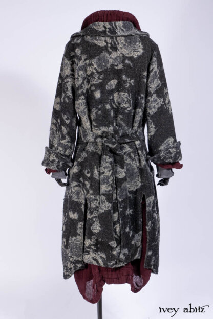 Monceau Duster Coat in Mansard Roof Washed Floral Woolen Weave; Ellis Shirt in Apple Washed Crinkled Weave; Lydia Neck Wrap and Lydia Arm Sleeves in Slate Washed Knit; Scattergood Frock in Apple Washed Crinkled Weave; Elliot Dress in Slate Washed Knit.
