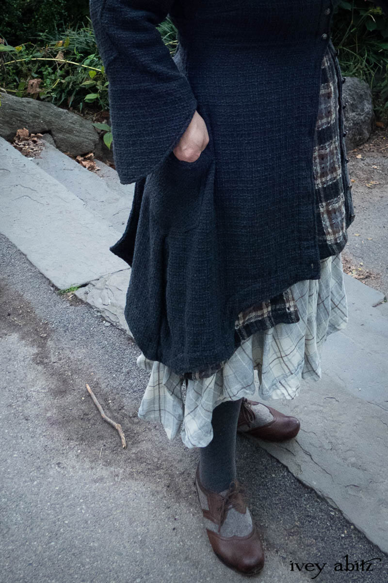 Chittister Duster Coat in Slate Embroidered Windowpane Weave; Chittister Frock in Slate and Brownstone Plaid Wool; Fairholme Frock in Slate Plaid Twill; Cilla Slip Frock in Slate Washed Knit.